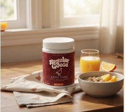 Regular Goose Daily Fiber jar on a breakfast table with orange juice and oatmeal