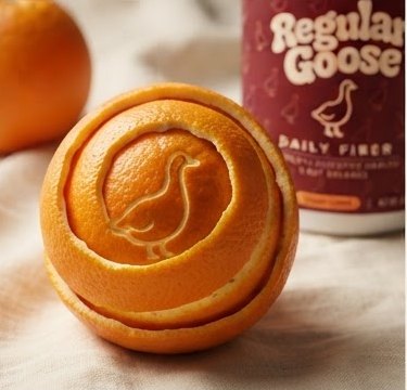 An orange peeled in a spiral with a goose shape carved into the center, next to a jar of Regular Goose